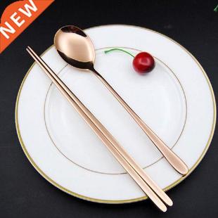 Gold Korean Stainless Steel Food Chopsticks Spoon Set Long
