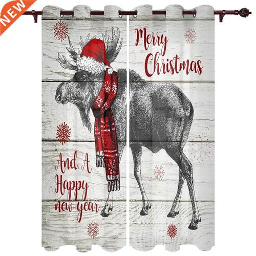 Christmas Wood Grain Elk Window Curtains for Bedroom Home