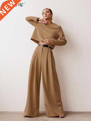 Mnealways18 Classic Wide Pants Floor-Length Pleated Loose Wo
