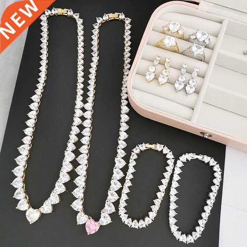 QMHJE Crystal Pink Stone Heart Love Earrings Bracelet Ring