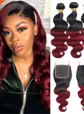 Body Wave Ombre Bundles With Closure 1B/99J Two Tone Human H