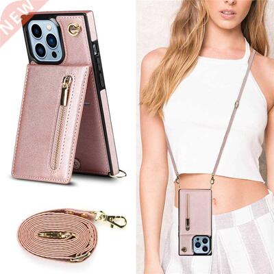 Card Holder Leather Zipper Crossbody Lanyard Square Phone Ca