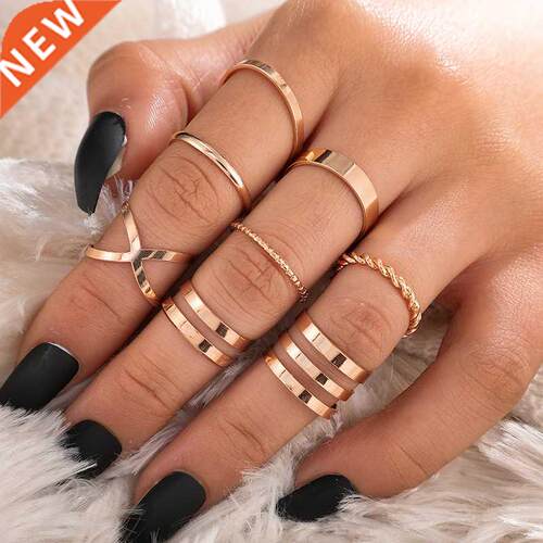 LATS Punk Gold Color Round Hollow Geometric Rings Set for Wo