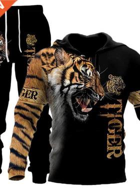 The Tger 3D Prnted Men's Sweatshrt Hoodes Set Men's Lon