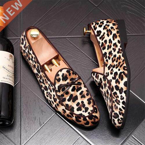 2021 Luxury Men Leather Shoes Fashion Fringed Leopard Loafer