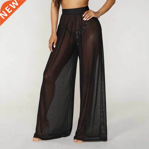 Women See Through Boho Wide Leg High Waist Trousers Beach Lo