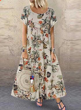 Vintage Floral Long Dress Women Summer Elegant Casual Cotto