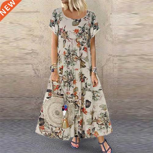 Vintage Floral Long Dress Women Summer Elegant Casual Cotto