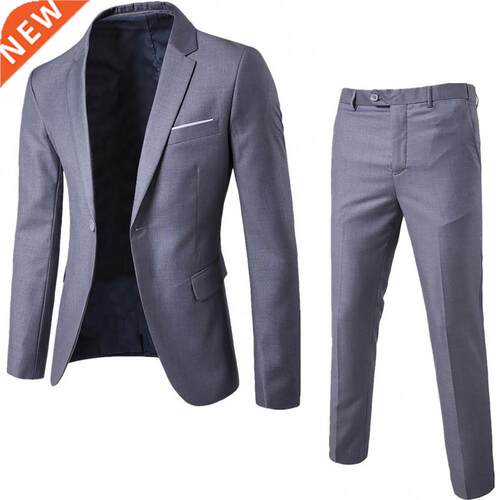 2Pcs Solid Color Suits Men Long Sleeve Lapel Collar Blazer (