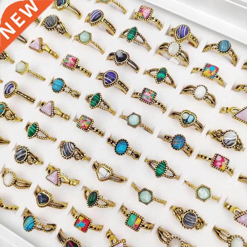 10Pcs/Lot Vntage Antque Gold Stone Rng for Women Men Mult
