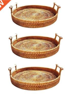 Round Rattan Storage Tray Basket with Handle Hand-Woven Brea