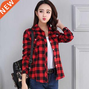 PEONFLY 2019 New Vintage Plaid Blouses Shirt Cage Female Lon