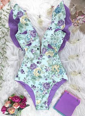 2022 New Print Swimwear Deep V-neck Ruffle Swimsuit Push Up