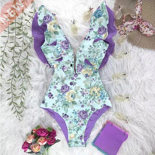 2022 New Print Swimwear Deep V-neck Ruffle Swimsuit Push Up