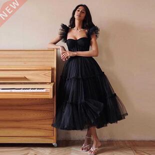 BridalAffair Black Tulle A Line Prom Dresses Strap Sweethear