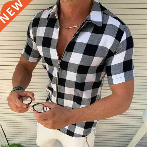 Plaid T Shirt Mens Zipper Short Sleeve Shirts Summer Men Clo