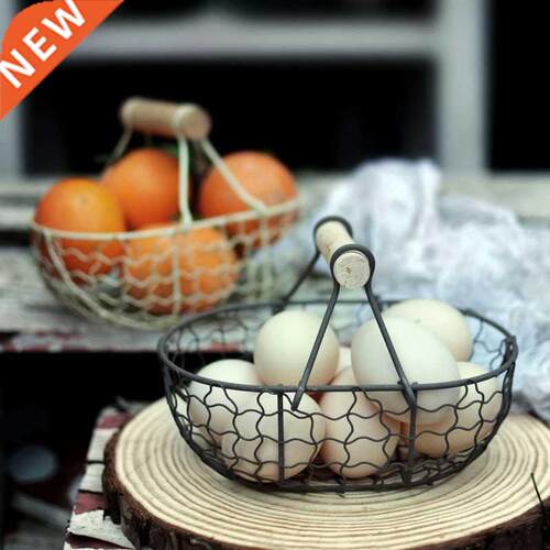 Wooden Handle Metal Retro Basket Portable Multi-Function Veg
