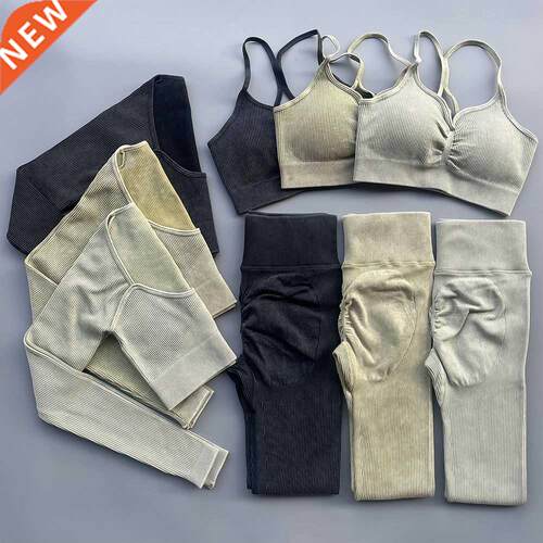 Seamless Women Yoga Set Ribbed Washed Trasuits Crop Top Sh