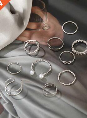 10pcs Punk Gold Wide Chain Rings Set For Women Girls Fashion