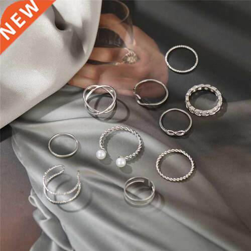 10pcs Punk Gold Wide Chain Rings Set For Women Girls Fashion
