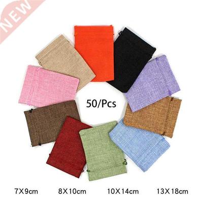 50Pcs/Lot Drawstring Natural Burlap Bag Jute Gift Bags Multi