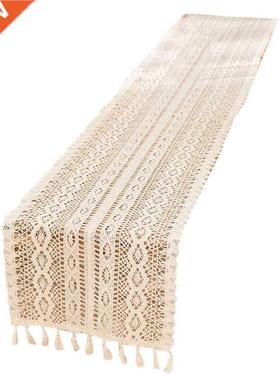 Elegant Cream Crochet Lace Macrame Table Runner with Tassels