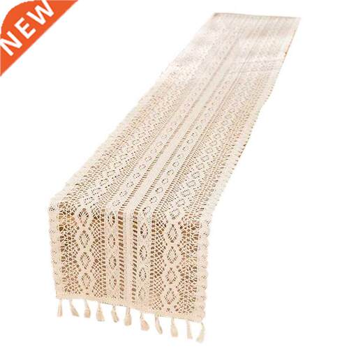 Elegant Cream Crochet Lace Macrame Table Runner with Tassels