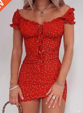 Women Floral Wrap Dress Off Shoulder Tie Up Front Ruffle Min