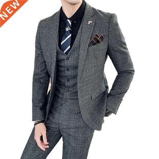 ( Jacket + Vest + Pants ) Brown Gray Blue Plaid Suit Men's H