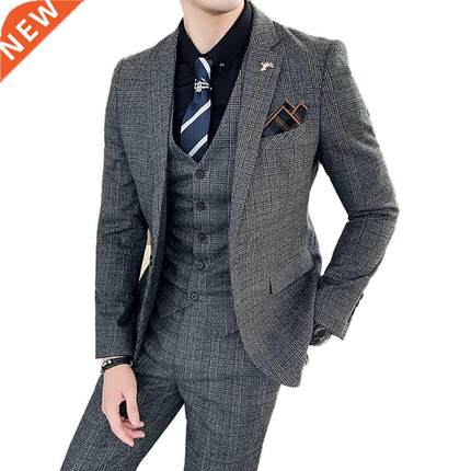 ( Jacket + Vest + Pants ) Brown Gray Blue Plaid Suit Men's H