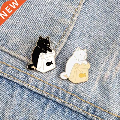 Cute Black White Cats Enamel Pins Dried Fish Bag Brooch Cart