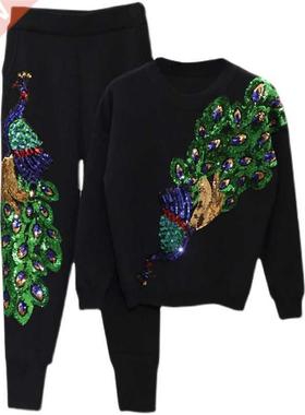 Spring Fashion Gold velvet Tracksuit Suit Women Autumn Sequi