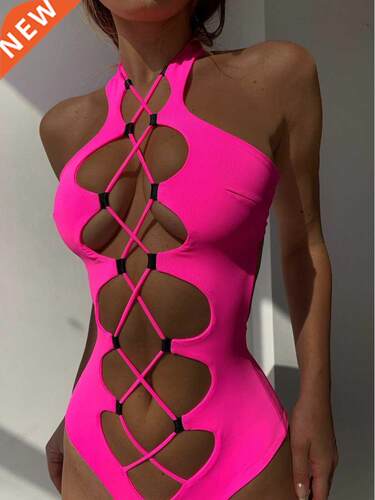 Hollow Out Swimwear Women 2022 High Neck Solid Black Cut Out
