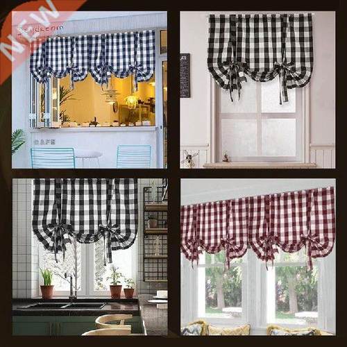 Plaid Print Roman Blinds Short Window Curtain with Hole
