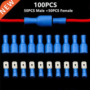 100PCS Blue 16-14 AWG Insulated Spade Crimp Terminals Electr