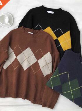 Knitted Sweater Women Argyle Oversize Sweaters Korean Pullov