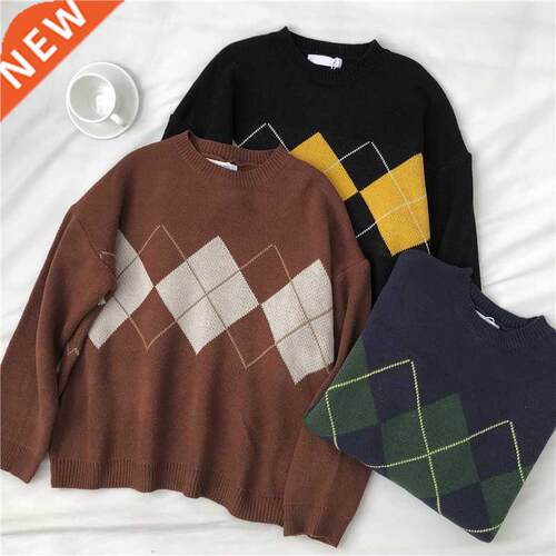 Knitted Sweater Women Argyle Oversize Sweaters Korean Pullov