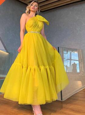 Sevintage Yellow Tulle Short Prom Dress One Shoulder Tea Len