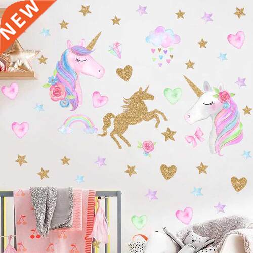 Cartoon Unicorn Horse Star Heart Shape Pattern Wall Sticker