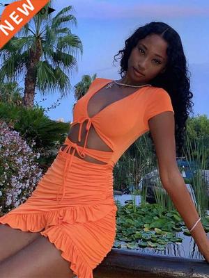 Totatoop Lace Up V Neck Ruched Bodycon Mini Dress Women 2022