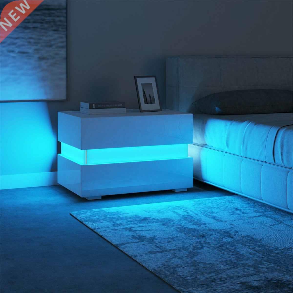 Modern Luxury LED Light Nightstand w/2 Drawers Organizer Sto