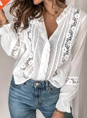 Spring Autumn Women Blouse  Casual Ruffles Shirt V Ne