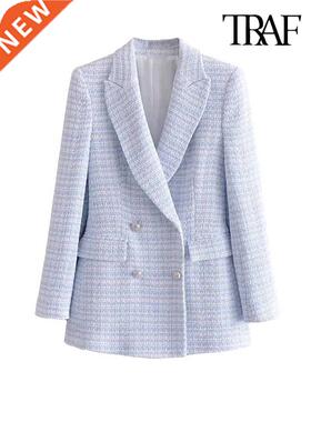 TRAF WOMEN FASHION DOUBLE BREASTED TWEED CHE BLAZER COAT Vin