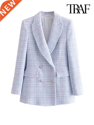 TRAF WOMEN FASHION DOUBLE BREASTED TWEED CHE BLAZER COAT Vin