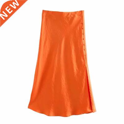 Solid Satin Elastic waist Women Side Slit Midi Skirt 2020 Ne