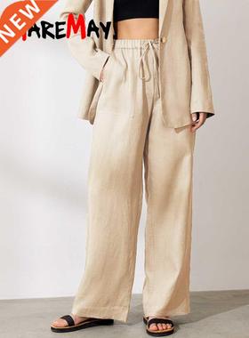 Cotton Linen Pants for Women Stacked Loose Vintage Solid Bas