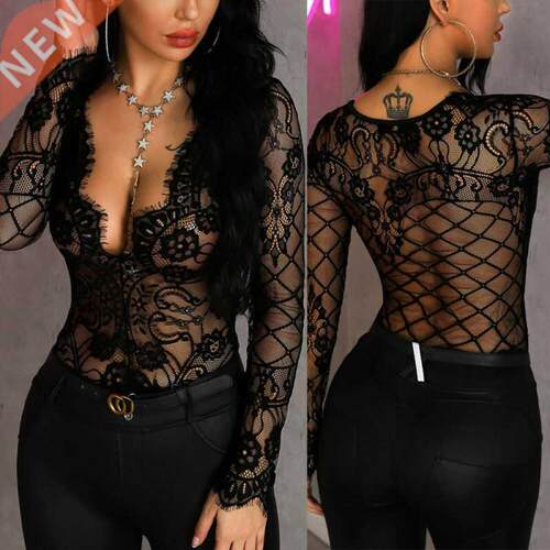 Women Summer Lace Bodysuit Ladies Floral Embroidery Deep V N