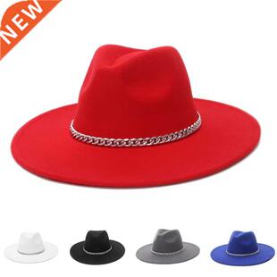 9.5CM Fedora Hat Silver Chain Women's Woolen Big Brim Federo