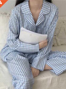 2021 Women's Plaid Pajamas Set Turn-down Collar Slee
