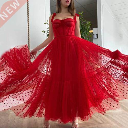Sweetheart Bow Straps Zipper Pleats Tea Length Red Prom Dres